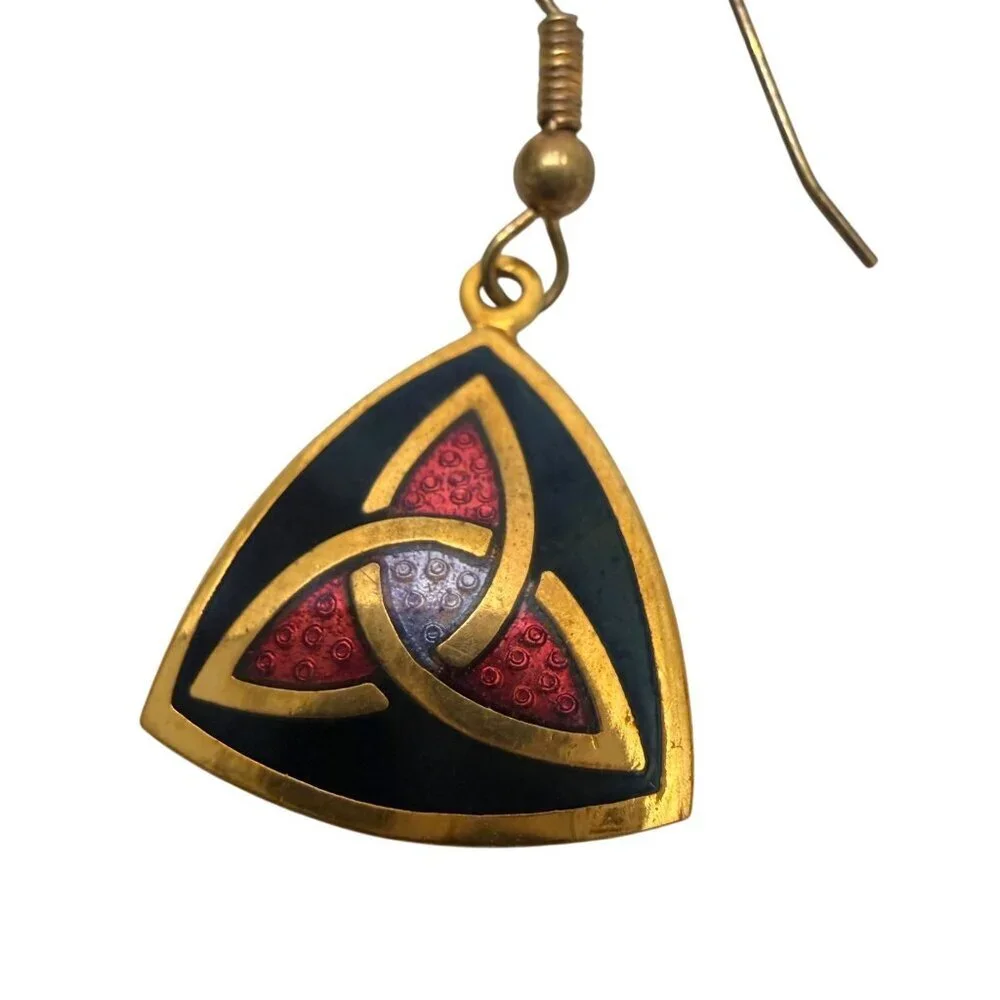 Celtic Enamel Earrings by Sea Gems Pierced Dangle Triangle Goldtone